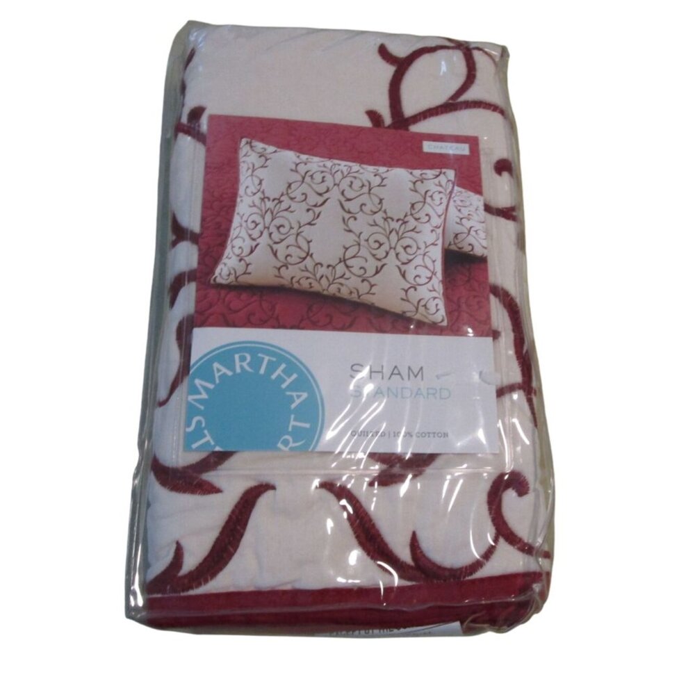 Vintage Martha StewartChateau Embroidered Standard Sham Cotton Red White NIP